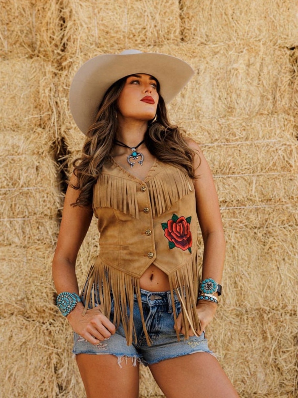 Rodeo Quincy Wild Rose Fringe Vest Tan with Red Rose Patch